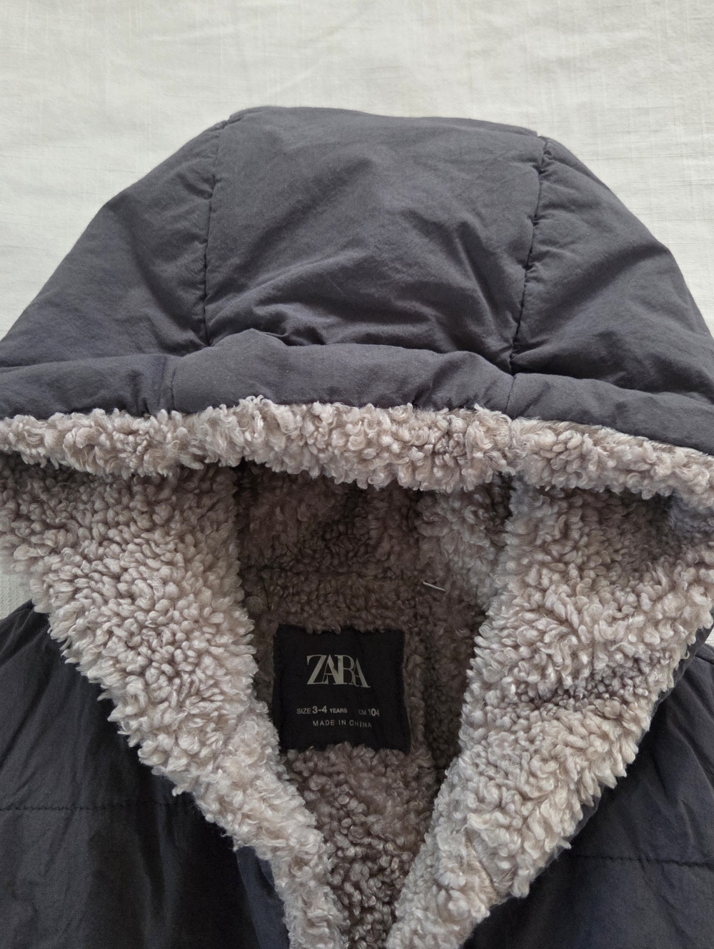 Zara Kids Gray Hooded Sherpa-Lined Coat Jacket 3t 4t Boys Girls Neutral - Picture 4 of 10